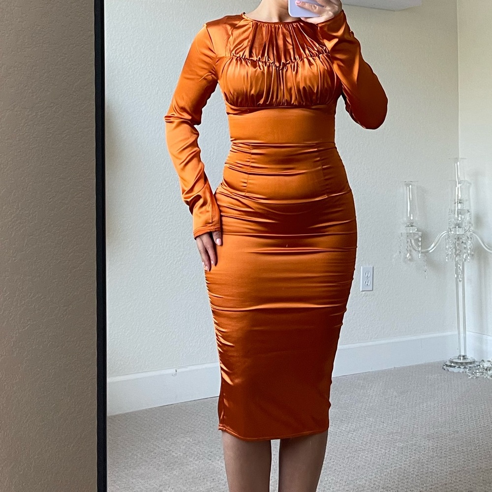 Rust Satin Ruched Dress